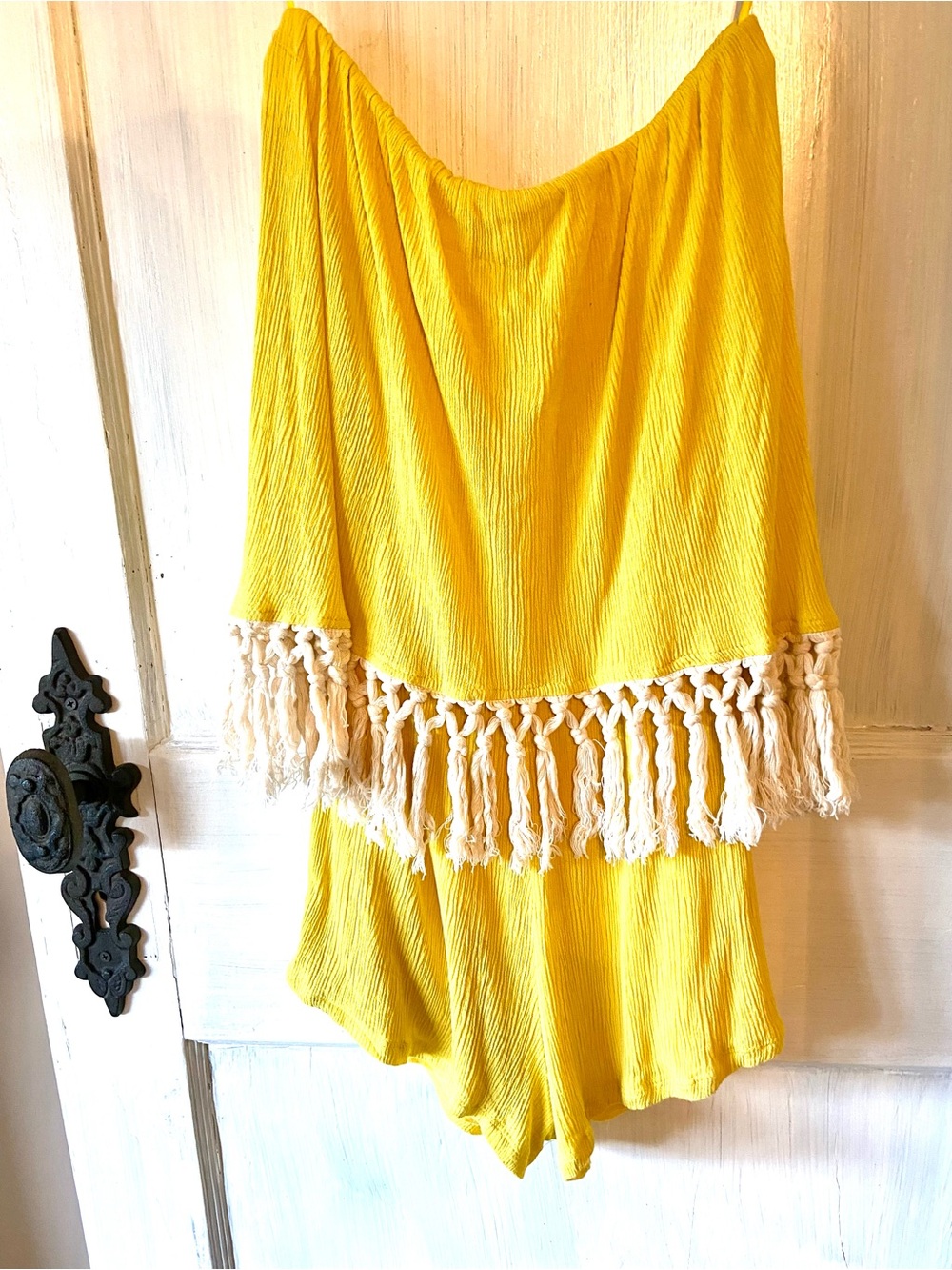 The Vanity Room Yellow Strapless Romper Shorts Fringe